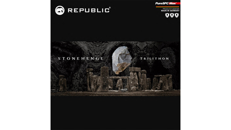 Steinkreis, Stonehenge, mystisch, "TRILITHON" Text, schwarzer Hintergrund